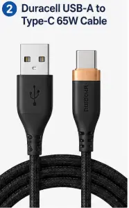 Duracell USB-A to Type-C braided charging cable with 65W support