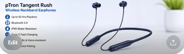 pTron Tangent Rush wireless neckband earphones with Bluetooth 5.4 and IPX5 water resistance