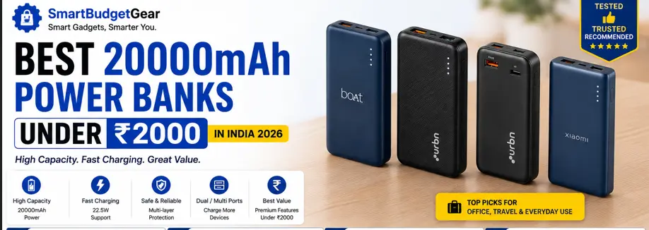 Best 20000mAh power banks under ₹2000 in India 2026 comparison featuring boAt, URBN, Xiaomi and Portronics