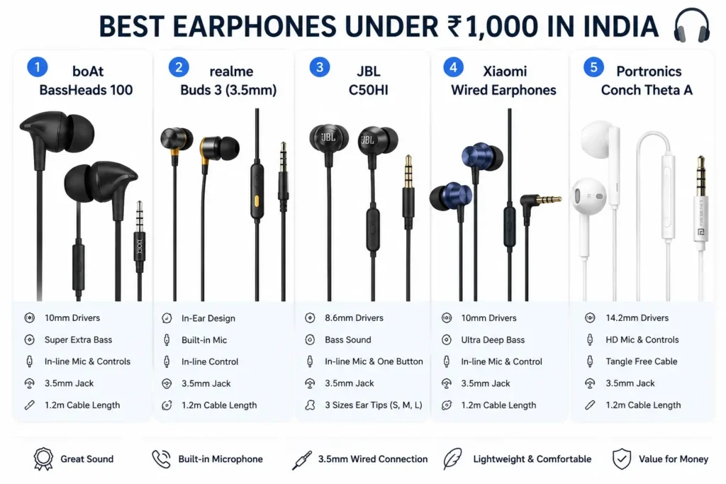 Best earphones under ₹1,000 in India featuring boAt BassHeads 100, realme Buds 3, JBL C50HI, Xiaomi wired earphones, and Portronics Conch Theta A.
