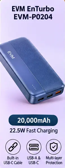 EVM EnTurbo EVM-P0204 20,000mAh blue power bank with built-in USB-C cable