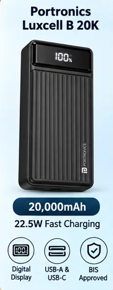 Portronics Luxcell B 20K 20,000mAh power bank with digital battery display and 22.5W charging