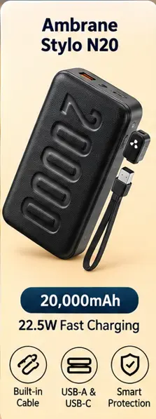 Ambrane Stylo N20 20,000mAh power bank with built-in cable and 22.5W charging