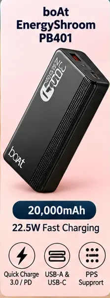 boAt EnergyShroom PB401 20,000mAh power bank with 22.5W fast charging