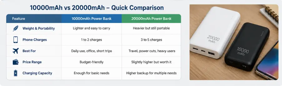 10000mAh vs 20000mAh Power Bank Comparison