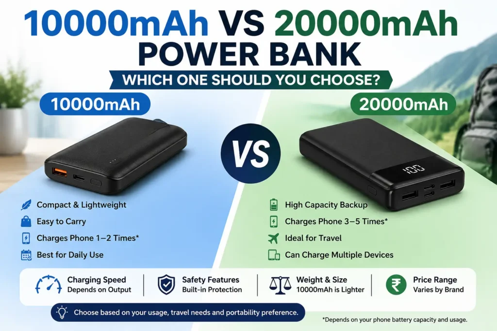 10000mAh vs 20000mAh power bank comparison showing portability, capacity and charging use cases