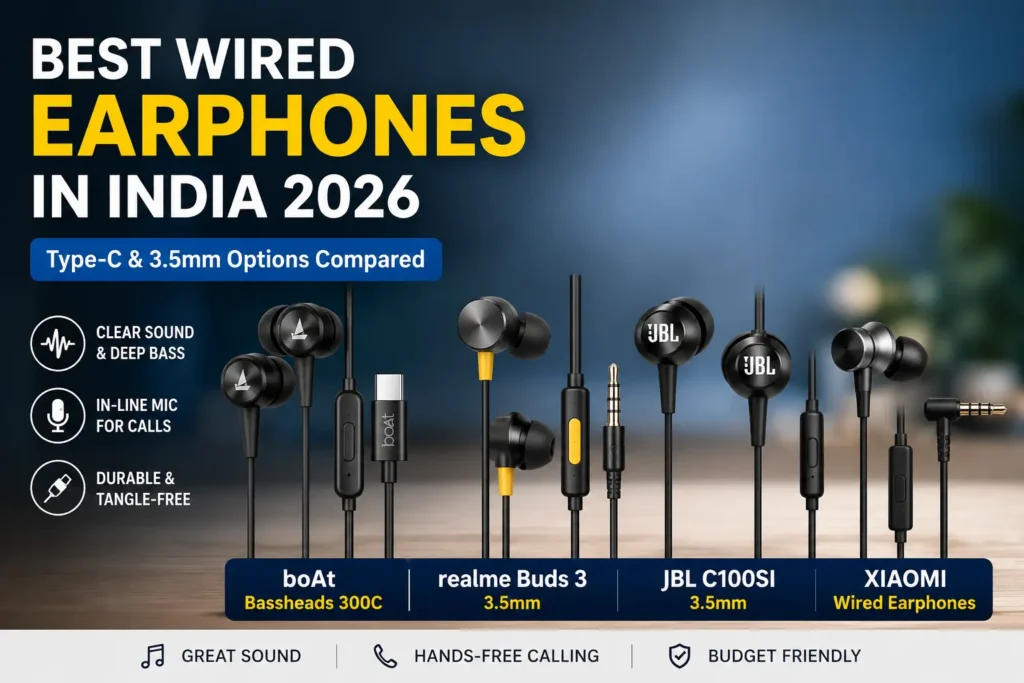 Best wired earphones under ₹1000 in India, featuring boAt Bassheads 300C, realme Buds 3, JBL C100SI and Xiaomi wired earphones.