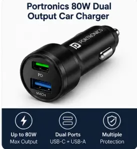 Portronics 80W dual output fast car charger with Type-C PD and USB ports