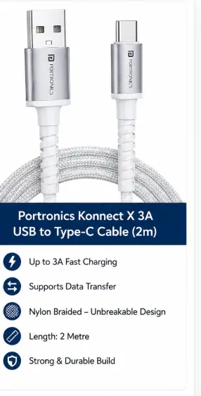 Portronics Konnect X 3A nylon braided USB to Type-C charging cable with 2 metre length