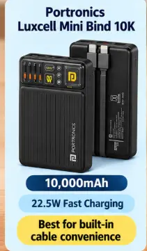 Portronics Luxcell Bind Mini 10000mAh power bank with built-in Type-C and 8-pin cables