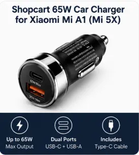 65W dual port car charger compatible with Xiaomi Mi A1 and Mi 5X with USB-C cable