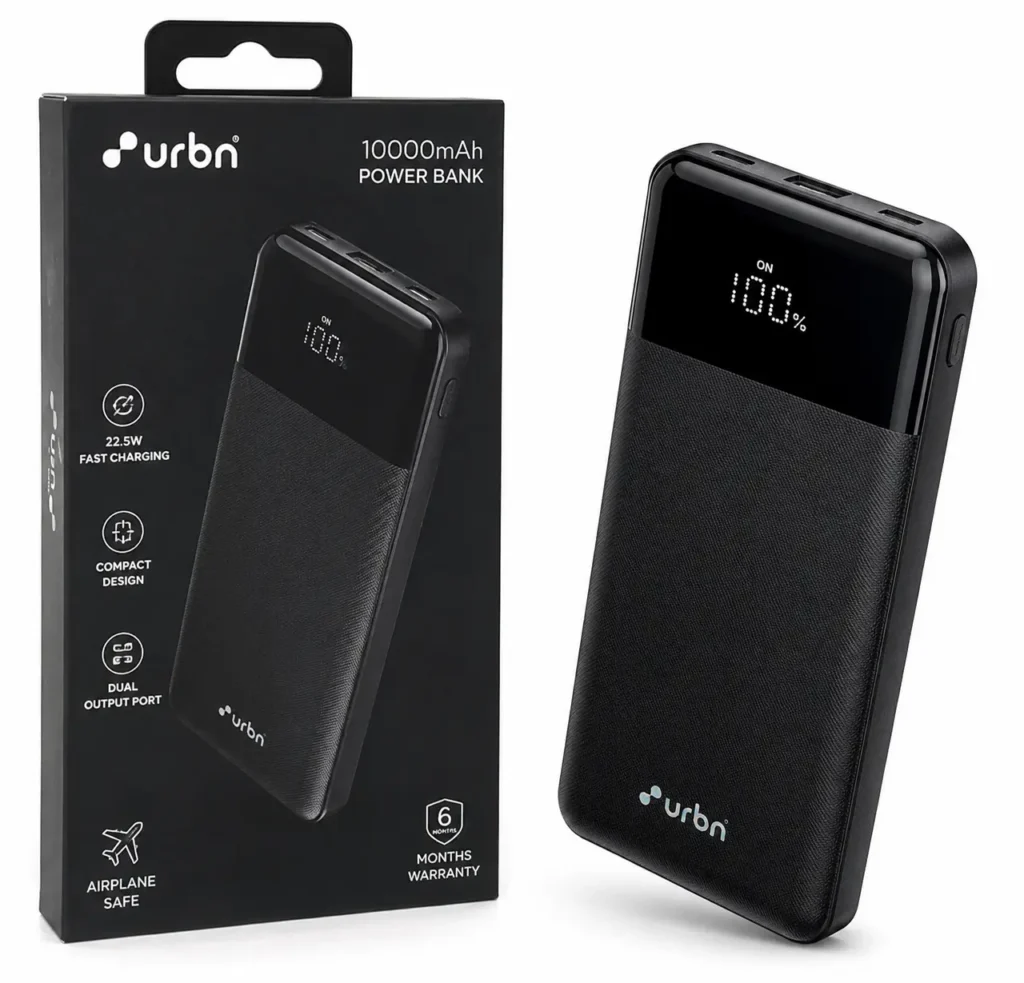 URBN 10000mAh power bank with digital battery display and 22.5W fast charging