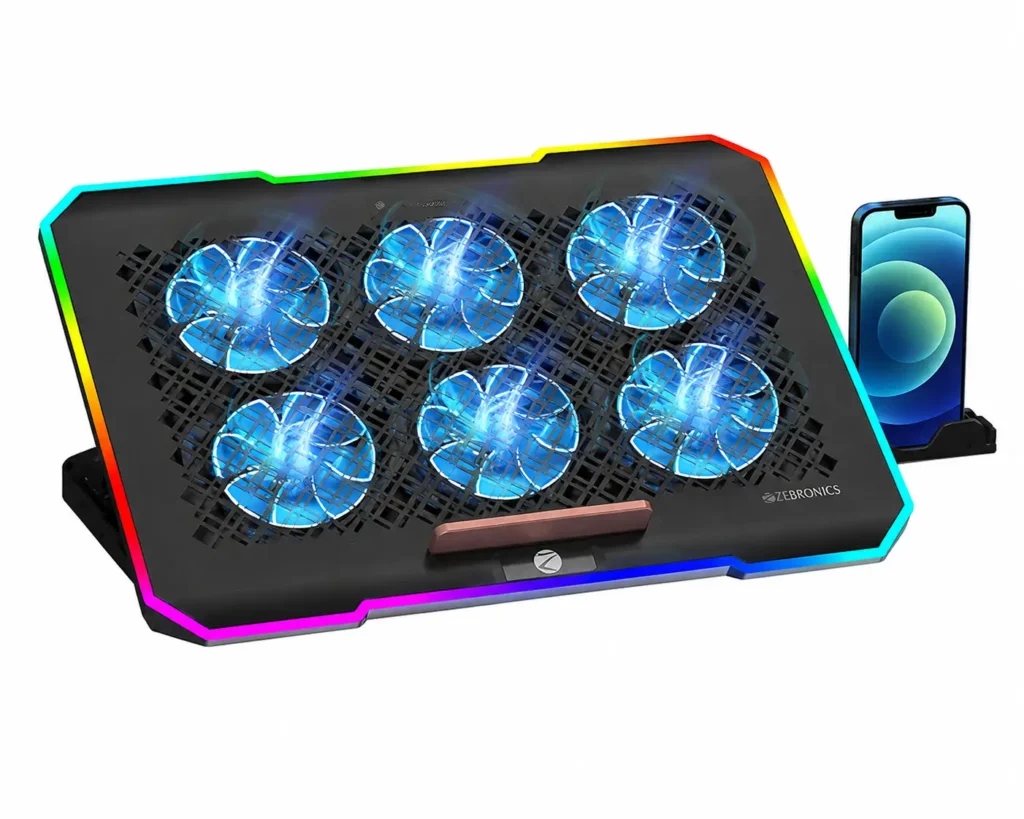 Zebronics NC6500D laptop cooling pad with six cooling fans, RGB LED lighting, adjustable height and mobile holder for laptops up to 17 inches