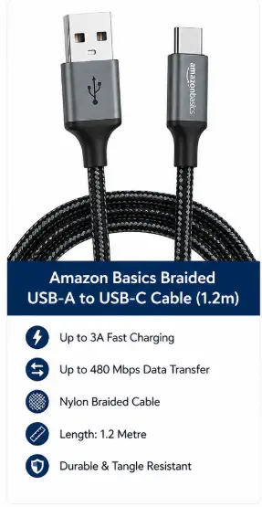 Amazon Basics braided USB-A to USB-C charging cable with 1.2 metre length