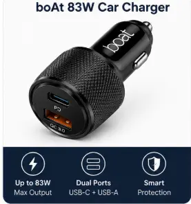 boAt 83W dual port fast car charger with USB-C PD and USB charging ports