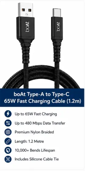 boAt USB-A to USB-C fast charging cable with braided design and 1.2 metre length