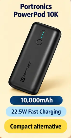 Portronics PowerPod 10000mAh compact power bank with LED indicator and 22.5W maximum output