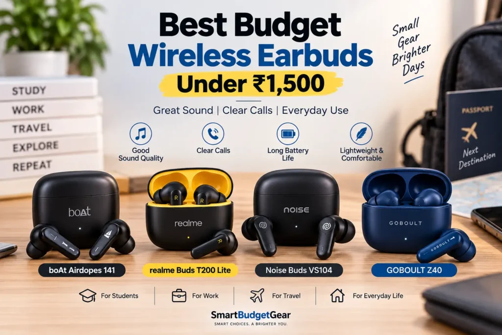 Best budget wireless earbuds under ₹1500 in India featuring boAt Airdopes 141, realme Buds T200 Lite, Noise Buds VS104 and GOBOULT Z40