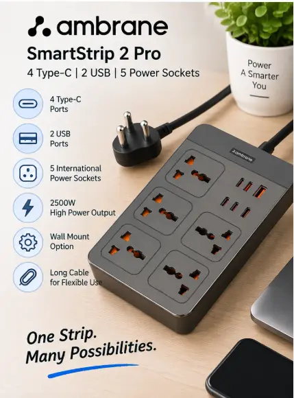 Ambrane SmartStrip 2 Pro extension board with 5 power sockets, 4 Type-C and 2 USB ports