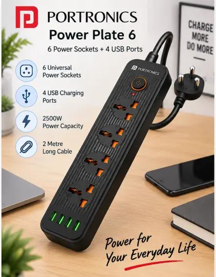 Portronics Power Plate 6 extension board with 6 power sockets and 4 USB ports