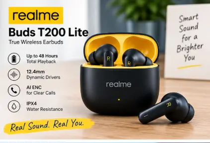 realme Buds T200 Lite wireless earbuds with charging case