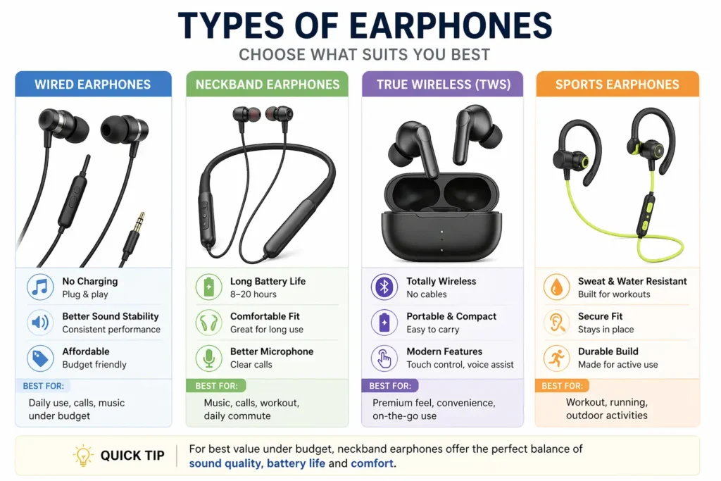 Different types of earphones comparison wired neckband tws labeled diagram clean minimal style