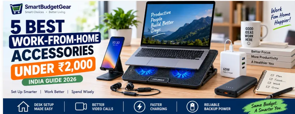 5 best work-from-home accessories under ₹2,000 in India, including laptop cooling pad, mobile stand, charger, earphones and power bank