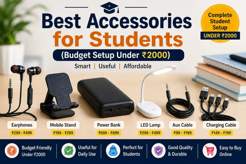 Best Accessories for Students budget setup under 2000 including earphones, power bank and mobile accessories
