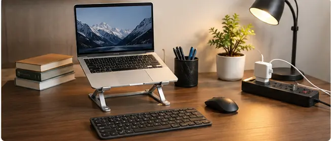 Amazon Basics laptop stand setup with wireless mouse and desk accessories for comfortable work from home