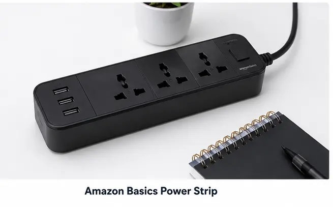 Amazon Basics power strip with multiple universal sockets and surge protection for home and office
