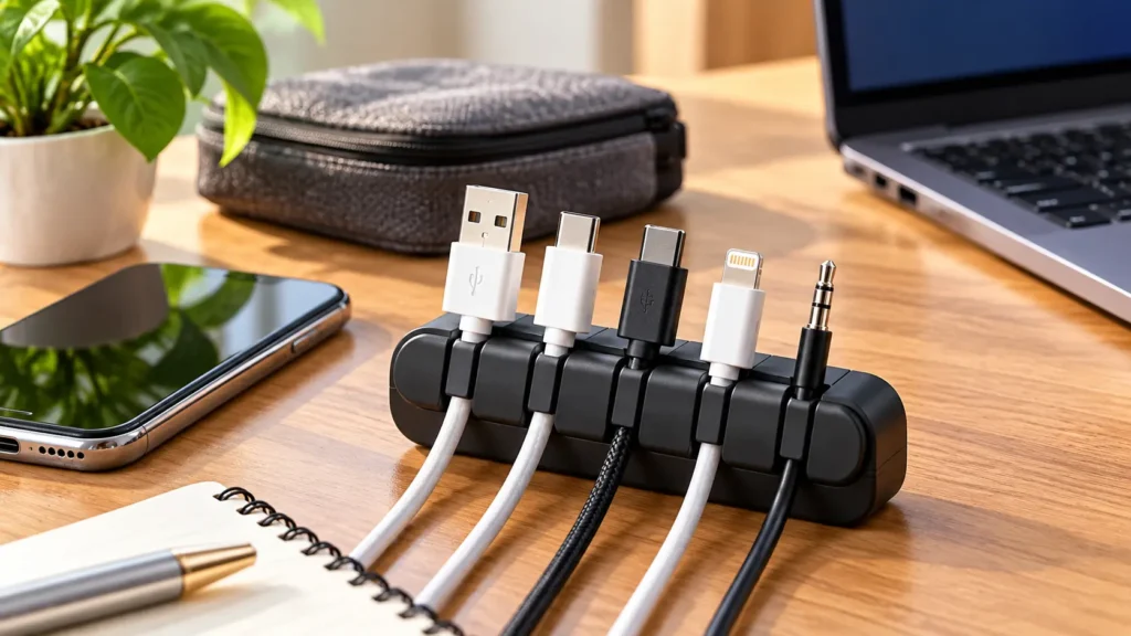 Desktop cable organizer for keeping charging and data cables neatly arranged