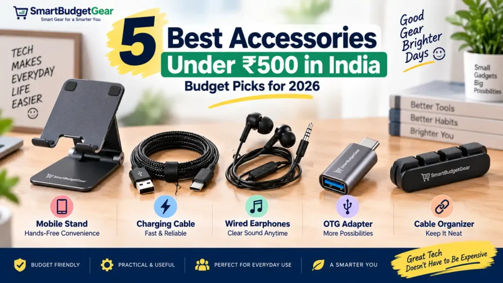 5 best accessories under ₹500 in India including mobile stand, charging cable, wired earphones, OTG adapter and cable organizer