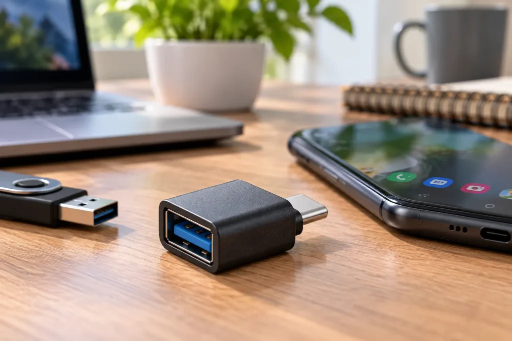 USB-C OTG adapter for connecting USB devices to compatible smartphones