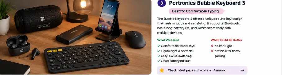 best portronics accessories desk setup with bluetooth speaker and keyboard