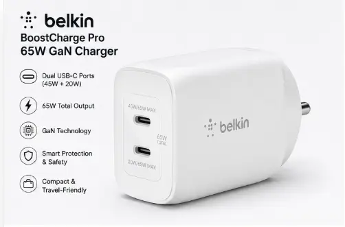 Belkin BoostCharge Pro 65W GaN charger with dual USB-C ports