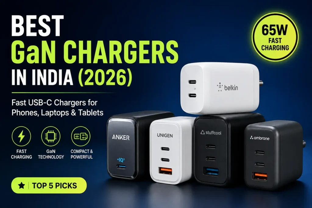 Best GaN Chargers in India 2026 featuring top 65W USB-C fast chargers for phones, laptops, and tablets