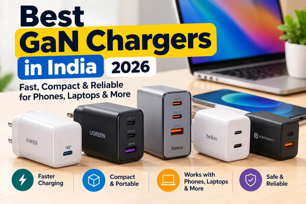 Best GaN chargers in India 2026 featuring Anker, UGREEN, Baseus, Belkin, and Portronics chargers for phones and laptops.