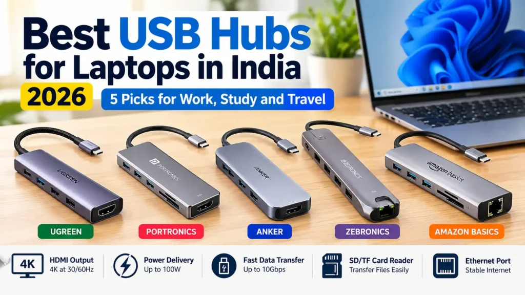 Best USB hubs for laptops in India 2026 featuring UGREEN, Portronics, Anker, Zebronics and Amazon Basics USB-C hubs with HDMI, Power Delivery, USB ports, card readers and Ethernet.