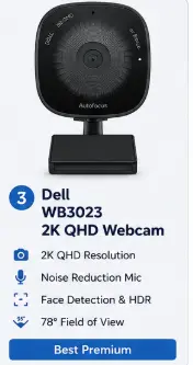 Dell WB3023 2K QHD Webcam with HDR and noise reduction microphone for professional meetings