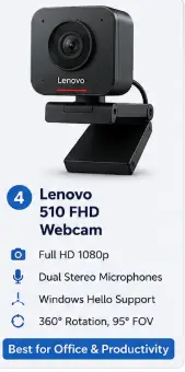 Lenovo 510 FHD Webcam with Windows Hello and dual stereo microphones for online meetings