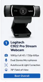 Logitech C922 Pro Stream Webcam – Best Webcam for Meetings and video conferencing