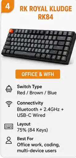 RK ROYAL KLUDGE RK84 wireless mechanical keyboard with RGB lighting