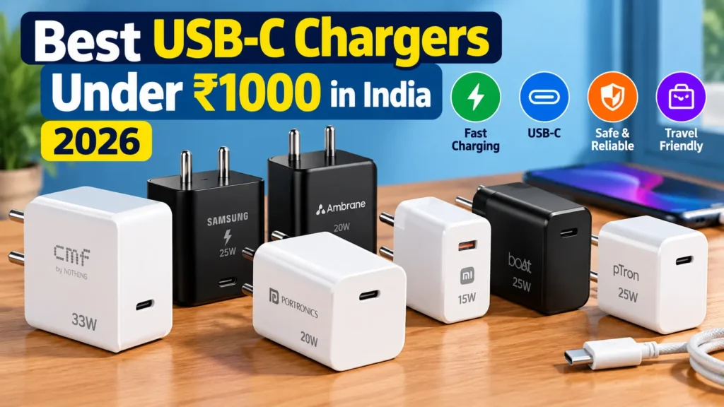 Best USB-C Chargers Under ₹1000 in India (2026) featuring CMF, Samsung, Ambrane, Portronics, Mi, boAt and pTron chargers.