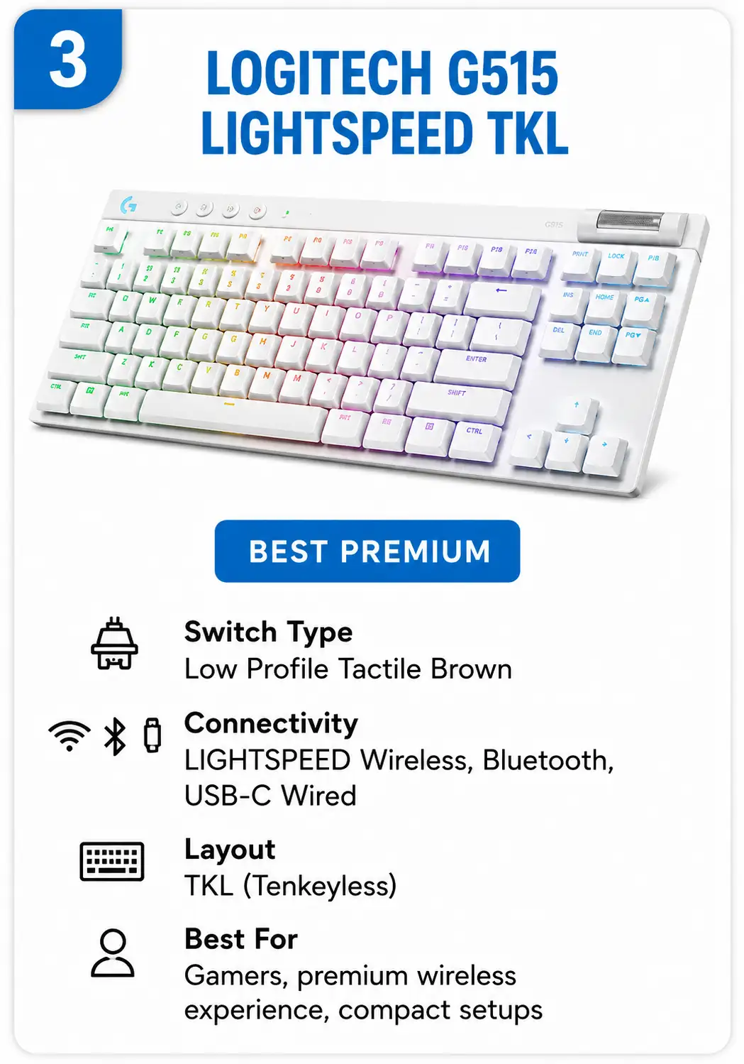 Logitech G515 LIGHTSPEED TKL low-profile wireless gaming keyboard with RGB lighting, tactile brown switches and TKL layout